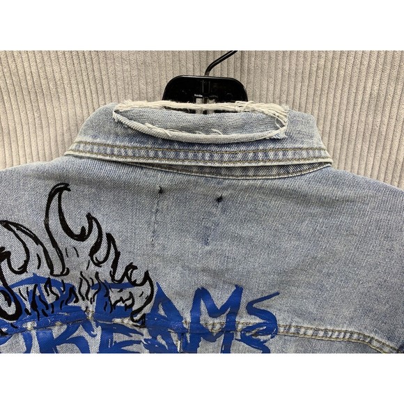 Boohoo MAN Official Denim Jacket Graphic Print Mens Large Blue Button Front - Picture 12 of 16